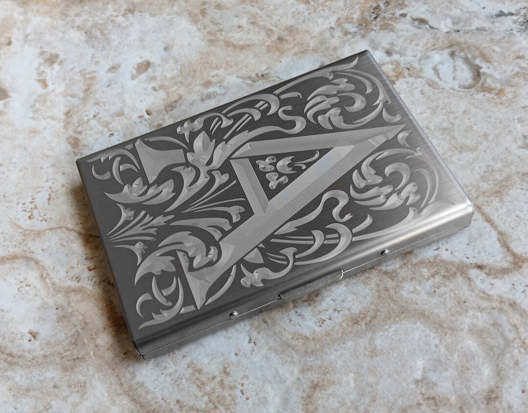 Custom Engraved Stainless Steel RFID Blocking Credit Debit Business Card Holder Wallet with Release Button Metal Case Floral Monogram Text | MakerPlace by Michaels Custom Engraved Stainless Steel RFID Blocking Credit Debit Business Card Holder Wallet with Release Button Metal Case Floral Monogram Text | MakerPlace by Michaels